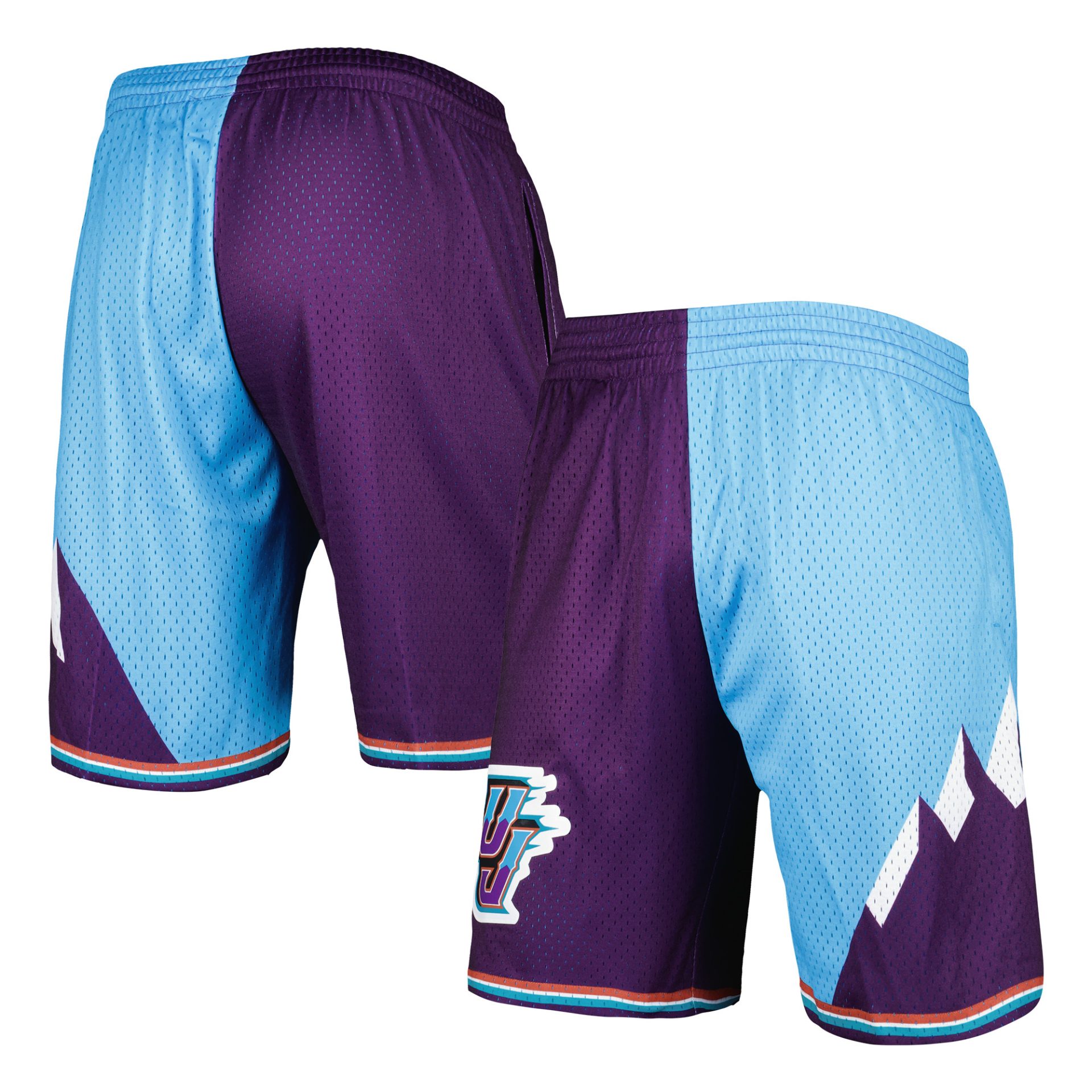 Men’s Mitchell & Ness Turquoise/Purple Utah Jazz Hardwood Classics 1996 Split Swingman Shorts Men’s Mitchell & Ness Turquoise/Purple Utah Jazz Hardwood Classics 1996 Split Swingman Shorts