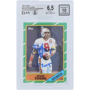 Steve Young Tampa Bay Buccaneers Autographed 1986 Topps #374 Beckett Fanatics Witnessed Authenticated 6.5/10 Rookie Card with “HOF 2005” Inscription